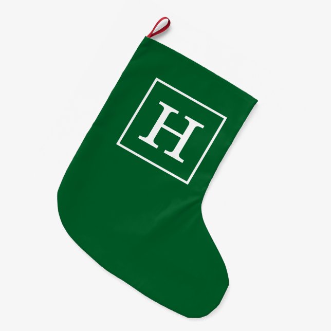 Forest Green White Framed Initial Monogram Large Christmas Stocking (Front (Hanging))