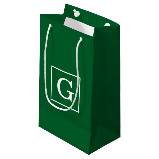Forest Green White Framed Initial Monogram Small Gift Bag (Front Angled)