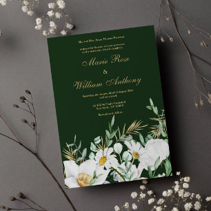 Forest green white gold daisies floral Wedding Invitation