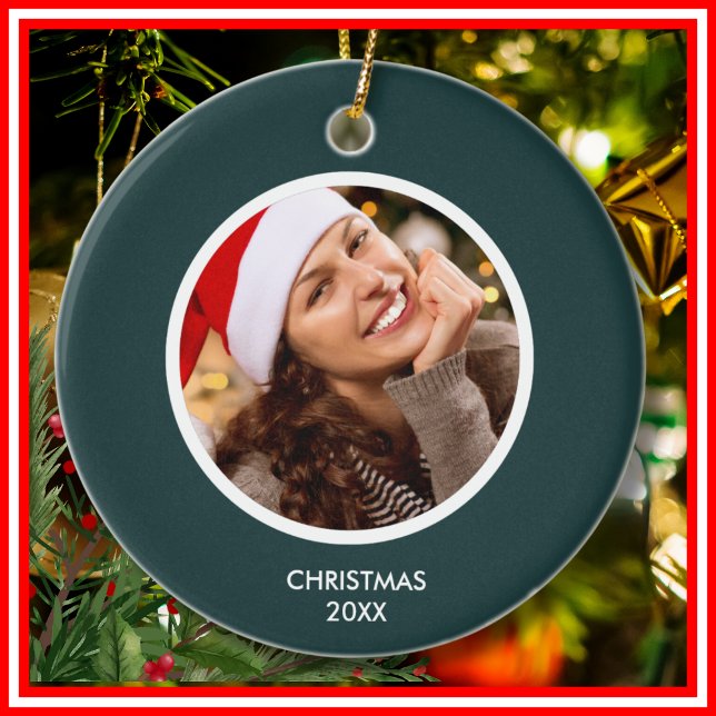 Forest Green White Modern Initials Monogram PHOTO Ceramic Tree Decoration (Creator Uploaded)