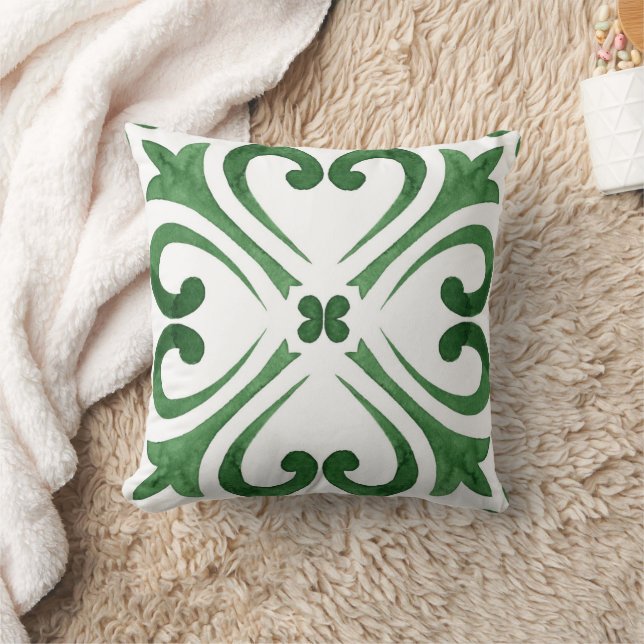Forest Green & White Moroccan Azulejo Cushion (Blanket)