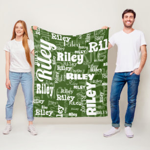 Forest Green & White Name Pattern Personalized Fleece Blanket