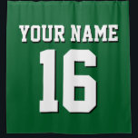 Forest Green White Sports Jersey Team Jersey Shower Curtain<br><div class="desc">Preppy Solid Colour Team Jersey / Sports Jersey / Football Jersey / Rugby Jersey with Custom Name Customise this with your own name or team name and a number. You can change the size, colour and placement of the text if you need to make changes, change the colour of or...</div>