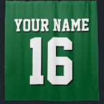 Forest Green White Sports Jersey Team Jersey Shower Curtain<br><div class="desc">Preppy Solid Colour Team Jersey / Sports Jersey / Football Jersey / Rugby Jersey with Custom Name Customise this with your own name or team name and a number. You can change the size, colour and placement of the text if you need to make changes, change the colour of or...</div>