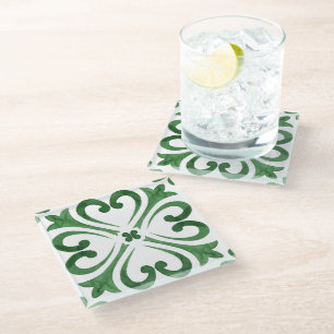 Forest Green & White Watercolor Floral Moroccan Glass Coaster