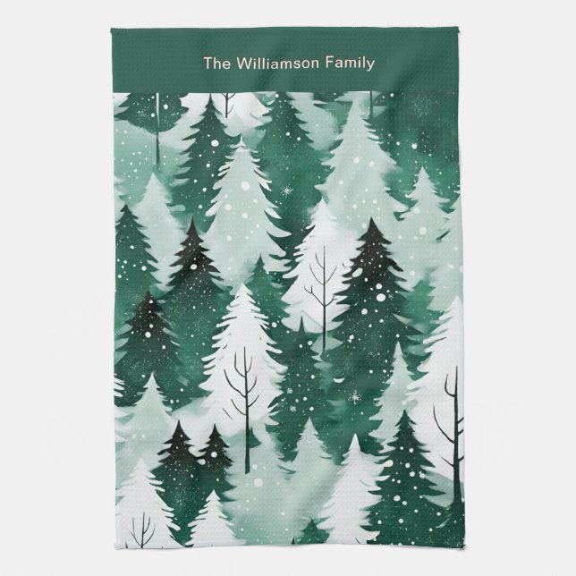 Forest Green Winter Trees Snow Christmas Kitchen Tea Towel (Vertical)