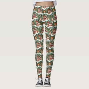 Forest Green Winter Woodland Friends Pattern Leggings