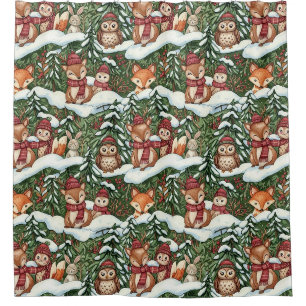 Forest Green Winter Woodland Friends Pattern Shower Curtain