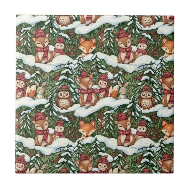 Forest Green Winter Woodland Friends Pattern Tile (Front)