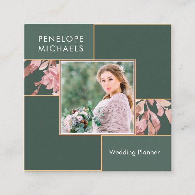 Forest Green with Blush Leaves Grid with Photo Square Business Card (Front)