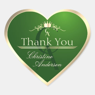 Forest Green with Gold Frame Monogram Thank You Heart Sticker