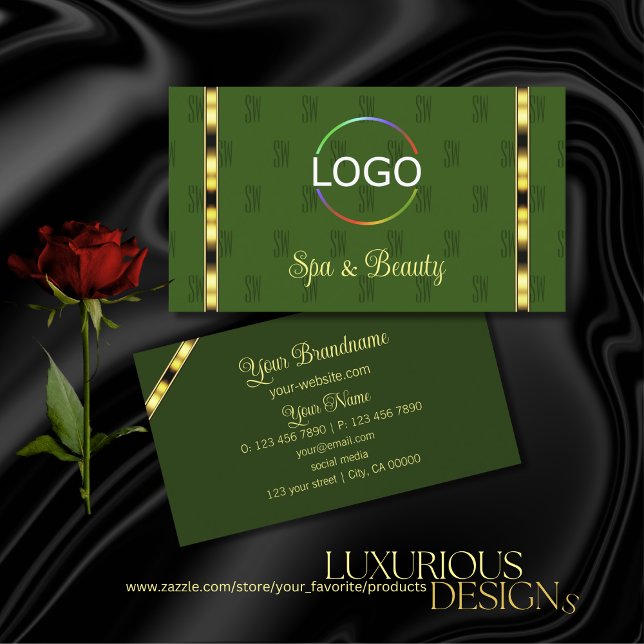 Forest Green with Logo Gold Ornate Letters Pattern Business Card (Creator Uploaded)