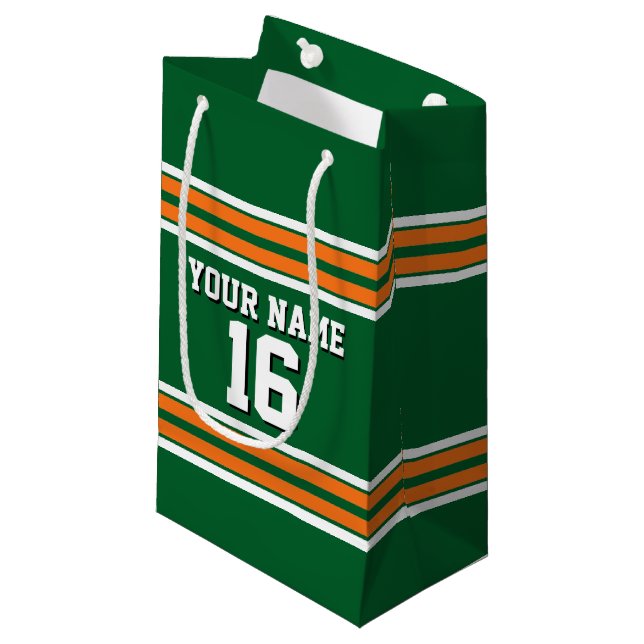 Forest Green with Orange White Stripes Team Jersey Small Gift Bag (Front Angled)