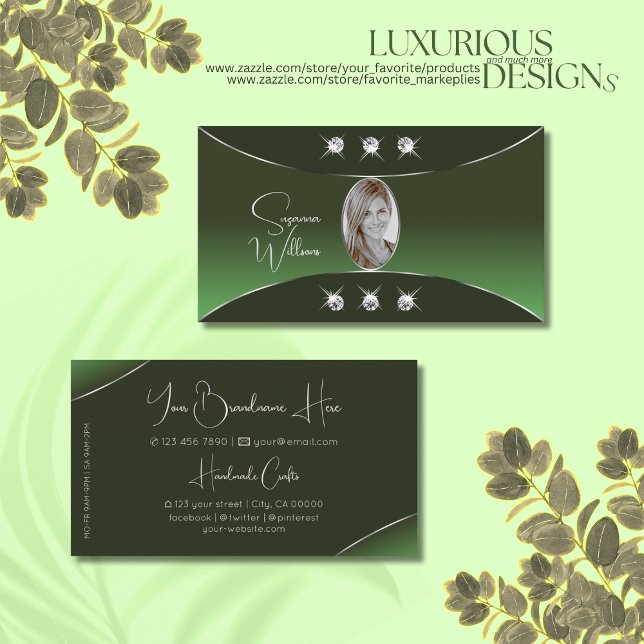 Forest Green with Silver Decor Diamonds and Photo Business Card (Creator Uploaded)