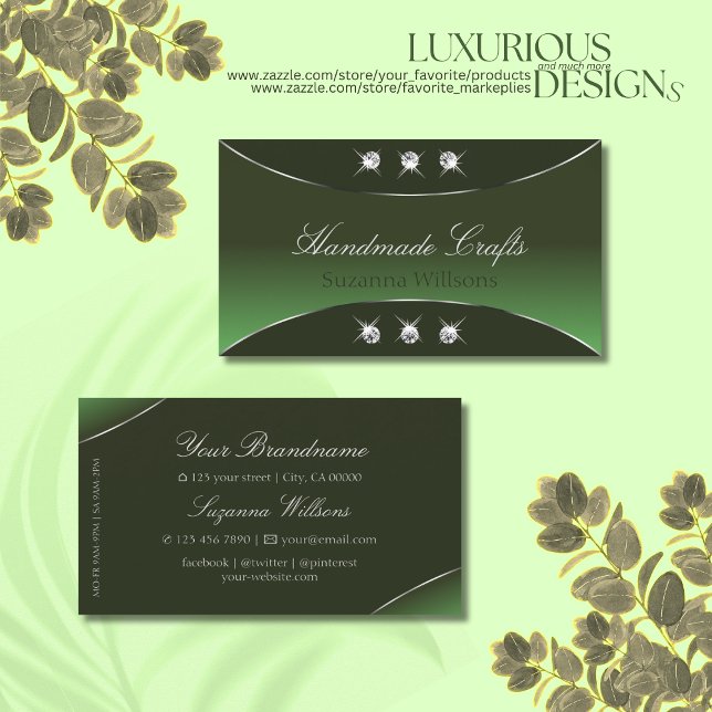 Forest Green with Silver Decor & Sparkle Diamonds Business Card (Creator Uploaded)