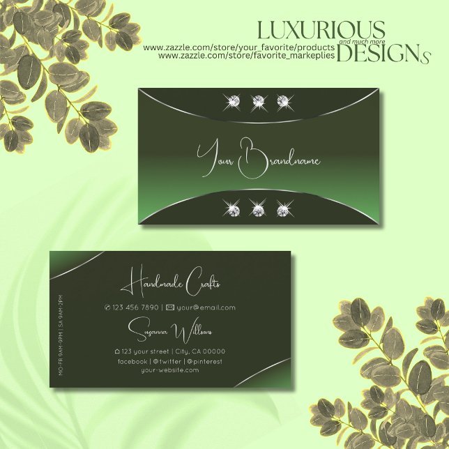 Forest Green with Silver Decor Sparkling Diamonds Business Card (Creator Uploaded)
