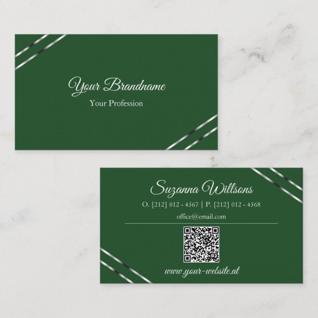 Forest Green with Silver Lines and QR Code Elegant Business Card (Front/Back)