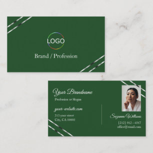 Forest Green with Silver Lines Logo and Photo Business Card
