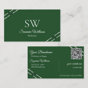 Forest Green with Silver Lines Monogram QR Code Business Card