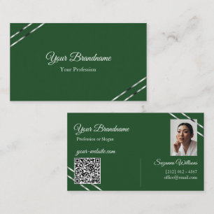 Forest Green with Silver Lines Photo and QR Code Business Card