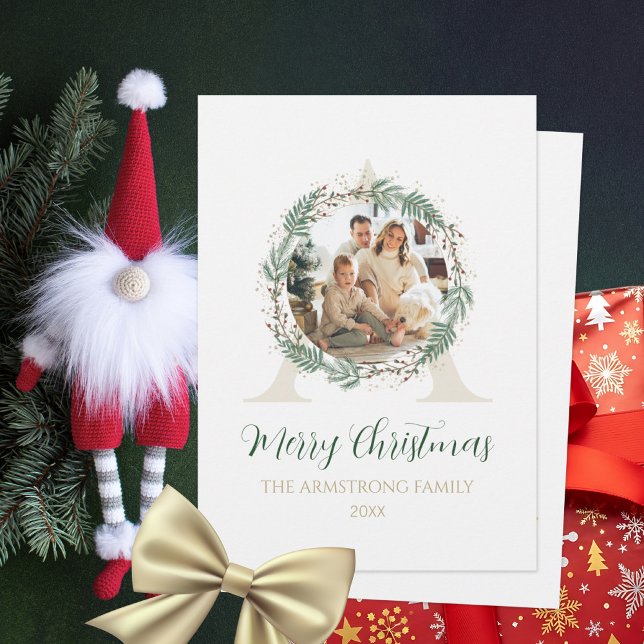 Forest Green Wreath Gold Monogram Photo Christmas Holiday Card (Forest Green Wreath Gold Photo Christmas Greeting Holiday Card ©Susanne Sachers - Sunny Mind 🌞)
