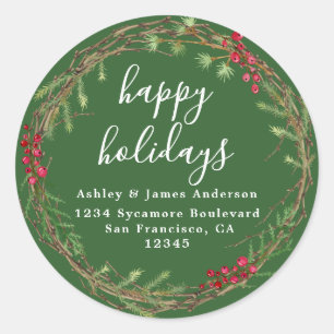 Forest Green Wreath Holiday Return Address Classic Round Sticker