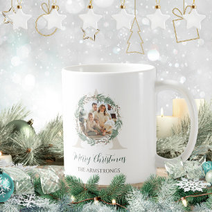 Forest Green Wreath Monogram Christmas 2 Photo Coffee Mug