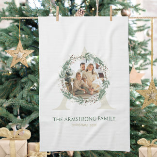 Forest Green Wreath Monogram Home Accent Tea Towel