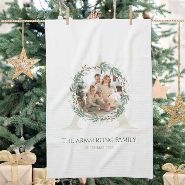 Forest Green Wreath Monogram Home Accent Tea Towel (Forest Green Wreath Monogram Home Accent Kitchen Towel ©Susanne Sachers - Sunny Mind 🌞)