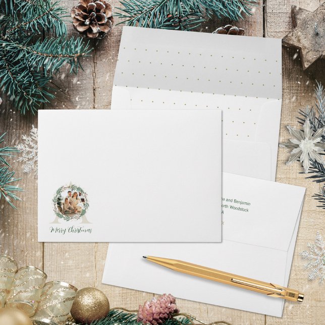 Forest Green Wreath Photo Monogram Mailing Accent Envelope (Forest Green Wreath Photo Monogram Mailing Accent Envelope ©Susanne Sachers - Sunny Mind 🌞)