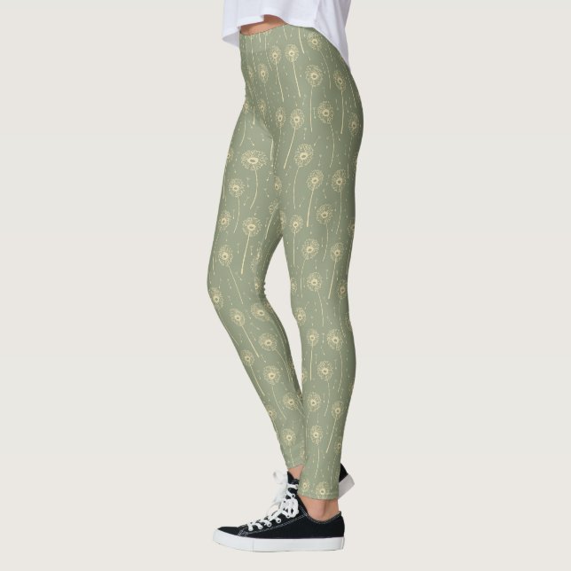 forest green yellow bohemian dandelions pattern leggings (Left)