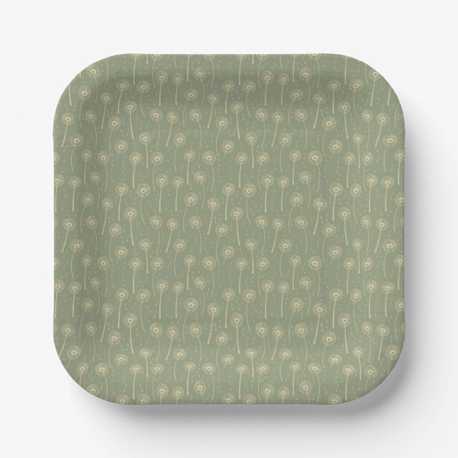 forest green yellow bohemian dandelions pattern paper plate (Front)