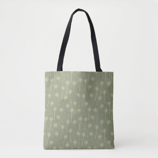 forest green yellow bohemian dandelions pattern tote bag (Front)