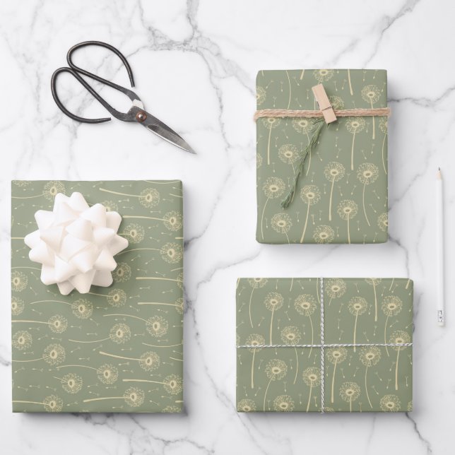 forest green yellow bohemian dandelions pattern wrapping paper sheet (Front)