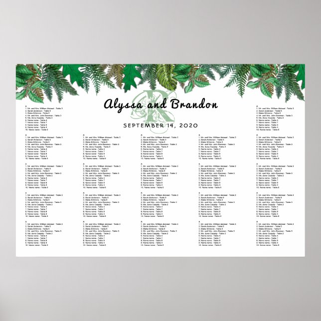 Forest Greenery Monogrammed Seating Chart Poster (Front)