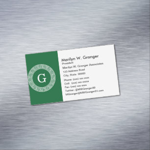 Forest Grn Wt Greek Key Rnd Frame Initial Monogram Magnetic Business Card