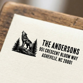Forest Howling Wolf Family Name Return Address Rubber Stamp