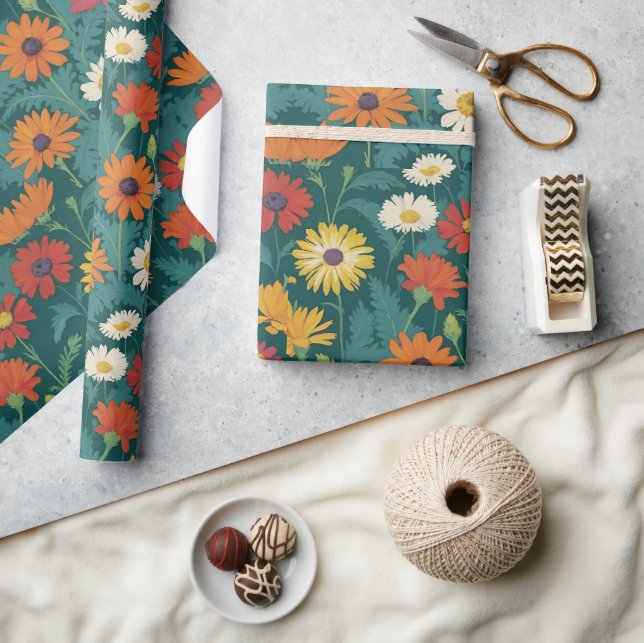 Forest Hunter Green Orange Yellow White Daisy Wrapping Paper (Crafts)