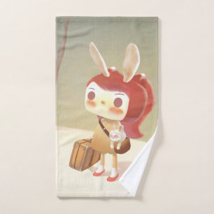 Forest Journey: Bunny Girl with Vintage Suitcase Hand Towel