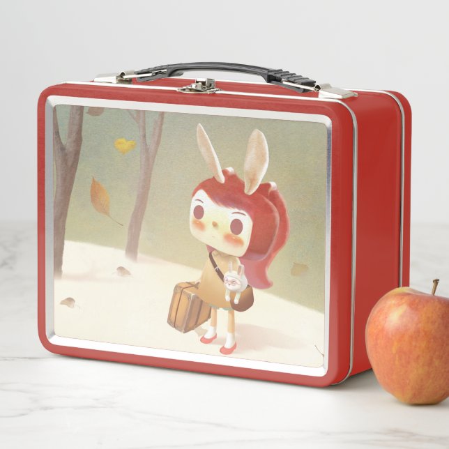 Forest Journey: Bunny Girl with Vintage Suitcase Metal Lunch Box (In Situ)