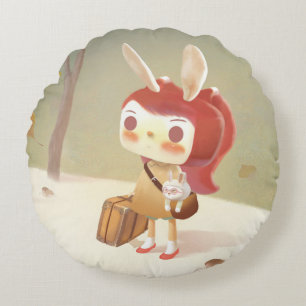 Forest Journey: Bunny Girl with Vintage Suitcase Round Cushion