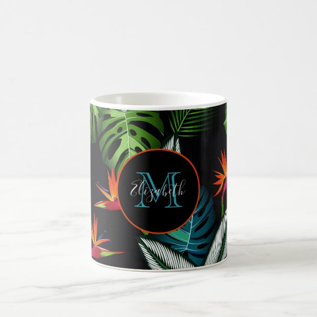 Forest jungle green foliage leaves black coffee mug (Center)