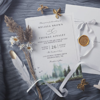 Forest Lake Woodland Watercolor QR Code Wedding Invitation