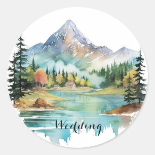Forest Lakeside Colourful Mountain Wedding Classic Round Sticker