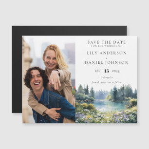 Forest Lakeside Floral Photo Wedding Save The Date Magnetic Invitation