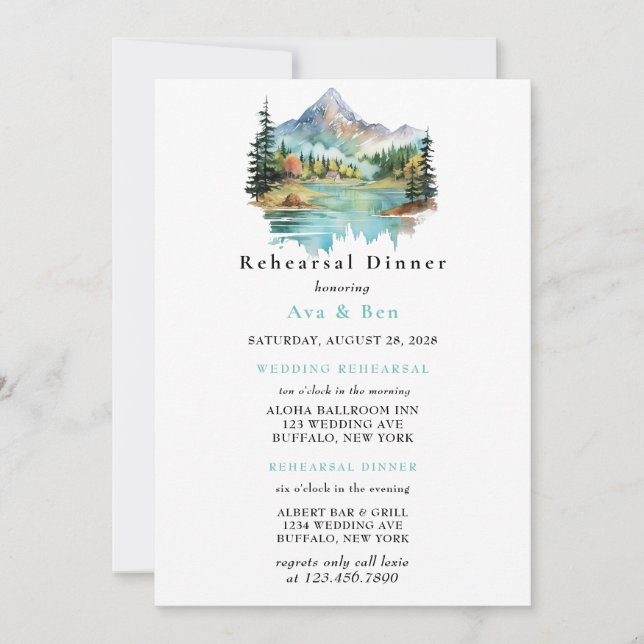 Forest Lakeside Mountain Rehearsal Dinner Invitation (Front)