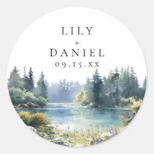 Forest Lakeside Wildflower Floral Wedding Classic Round Sticker