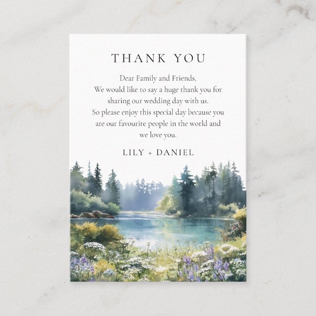 Forest Lakeside Wildflower Wedding Thank You Place Card (Front)