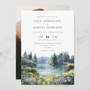 Forest Lakeside Wildflowers Floral Photo Wedding Invitation