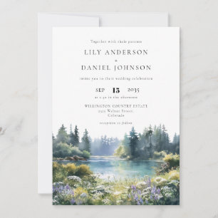 Forest Lakeside Wildflowers Floral Wedding Invitation